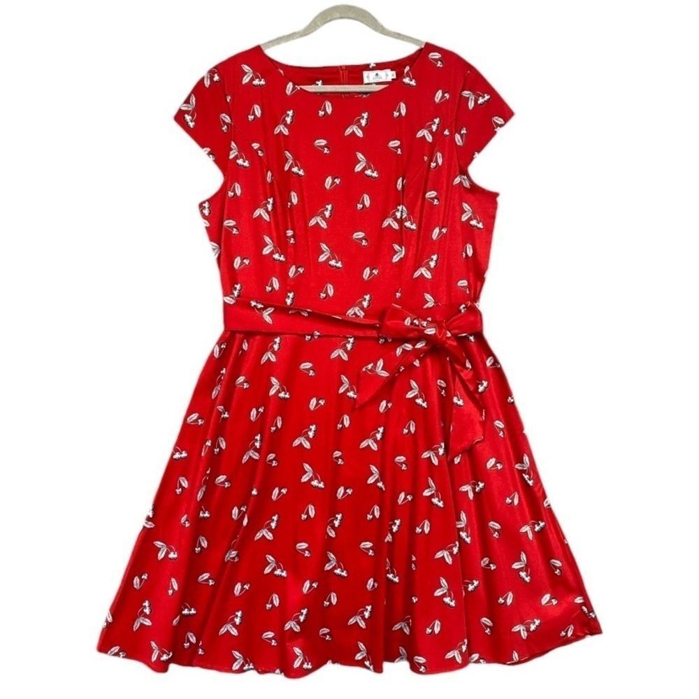 Zapaka Retro Novelty Cherry Print Dress Womens Size 3XL Red Cap Sleeve